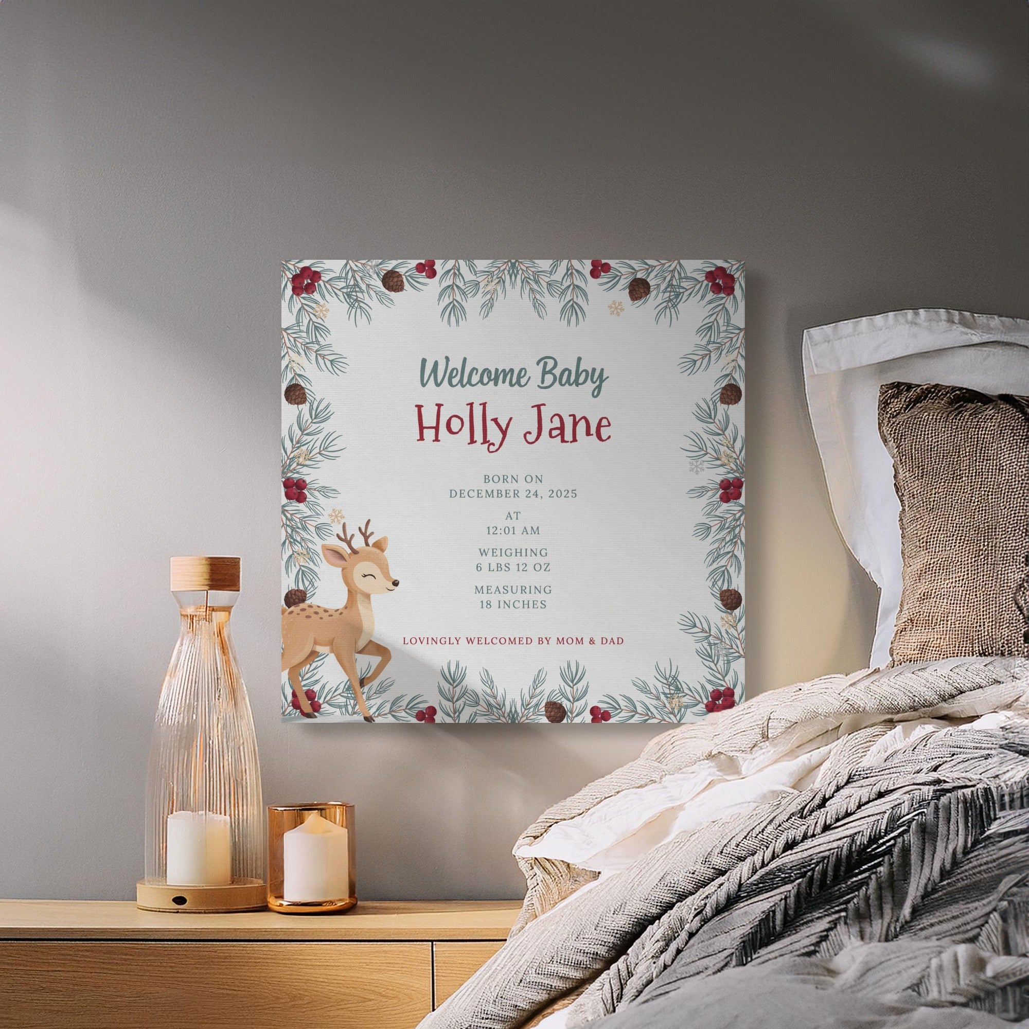 Welcome Baby Holly Jane birth sign with deer, pine, and berries.