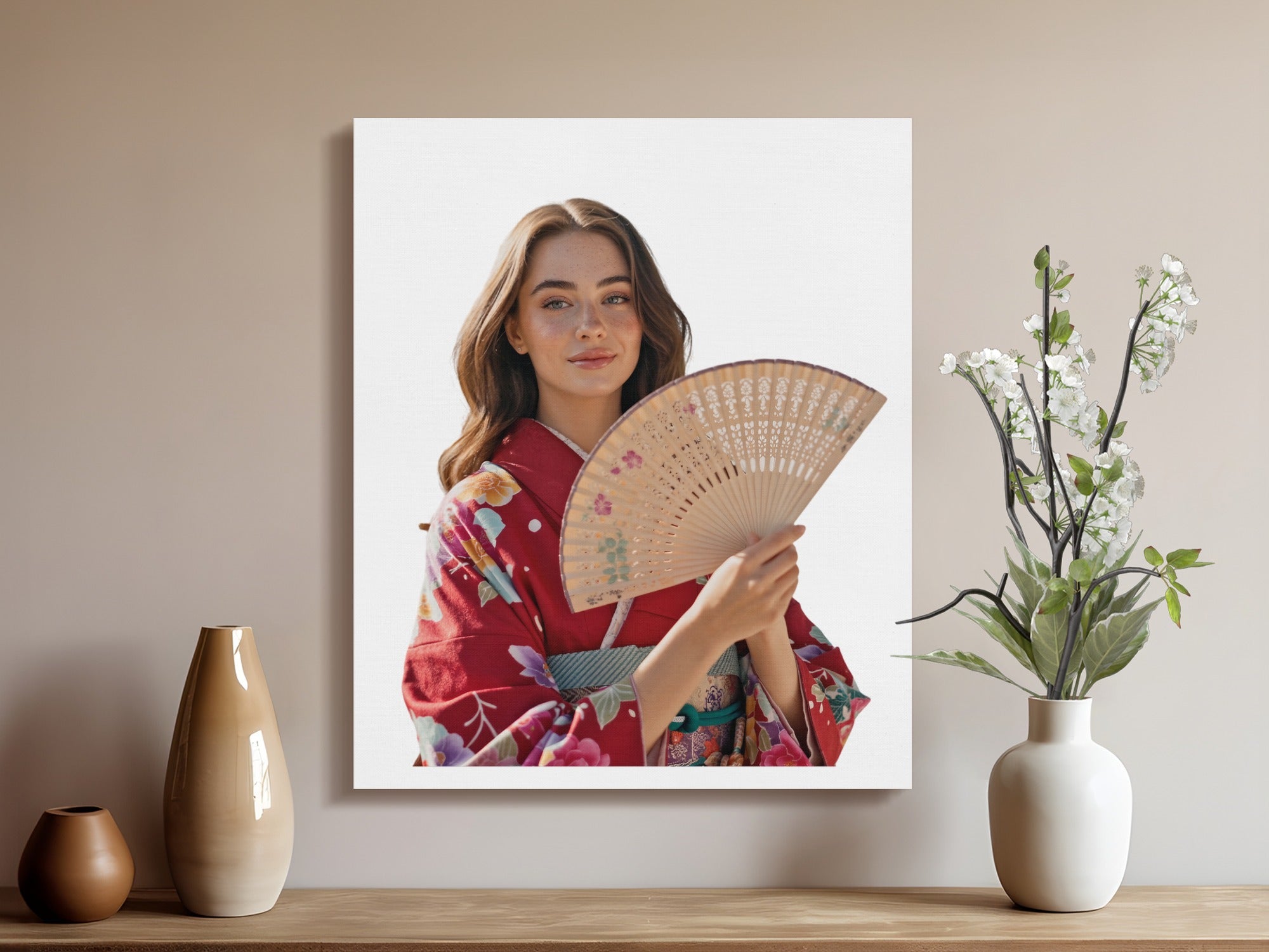 Woman in red kimono holding a fan, framed by vases and flowers.