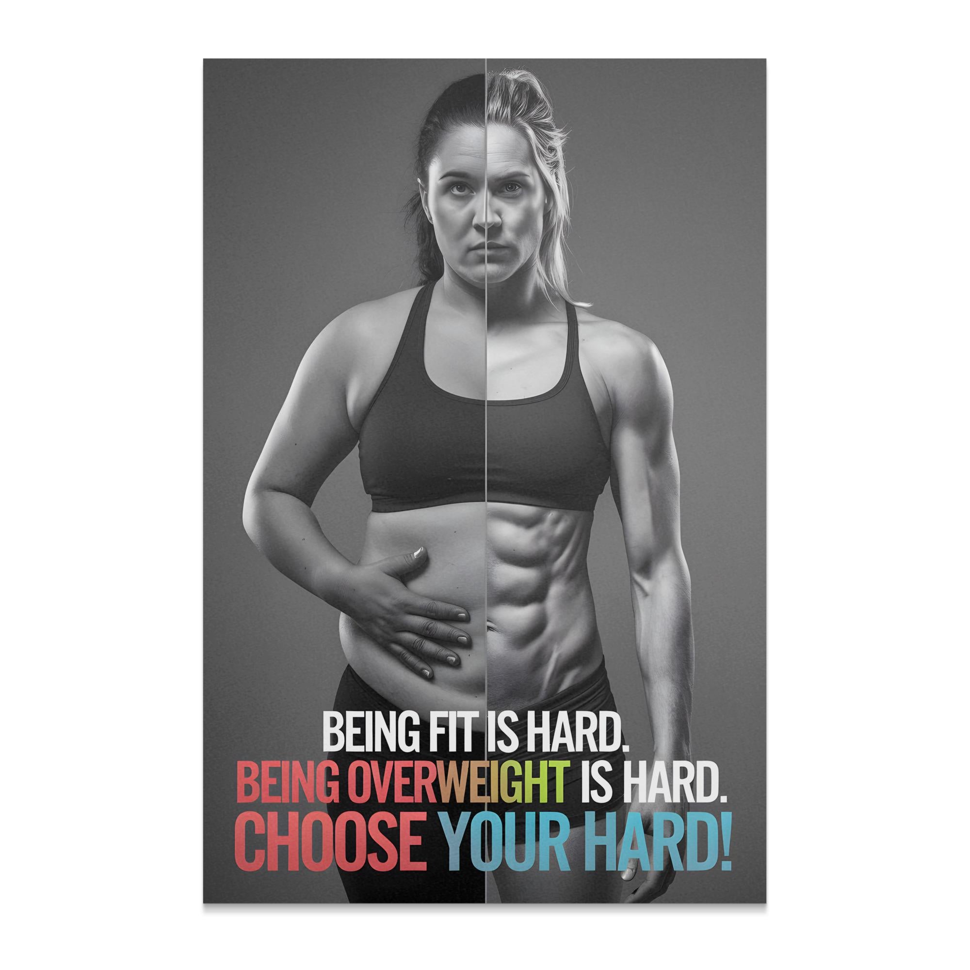 Split image showing an overweight and fit woman, with motivational text.