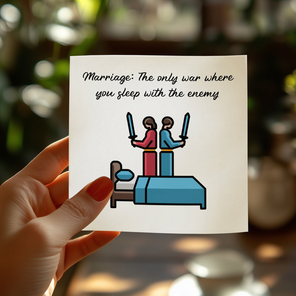 Card with text "Marriage: The only war where you sleep with the enemy" and illustration of couple with swords.