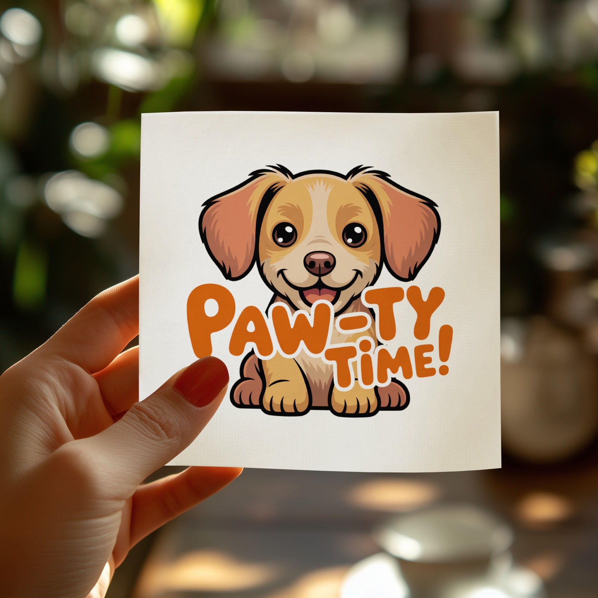 A cartoon puppy with "Paw-ty Time!" text, held by a hand.