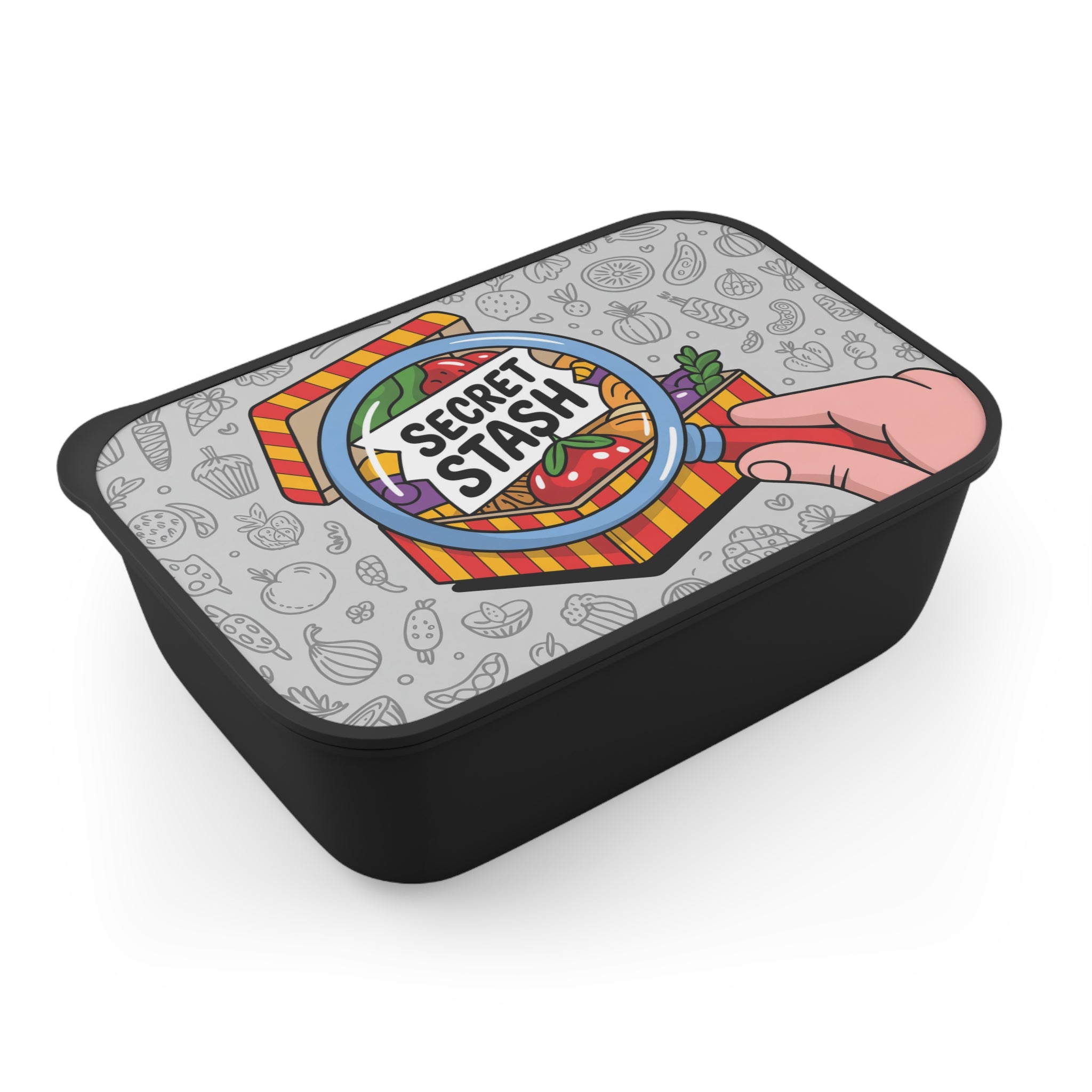 Black lunchbox with "Secret Stash" and vegetable illustrations on the lid.