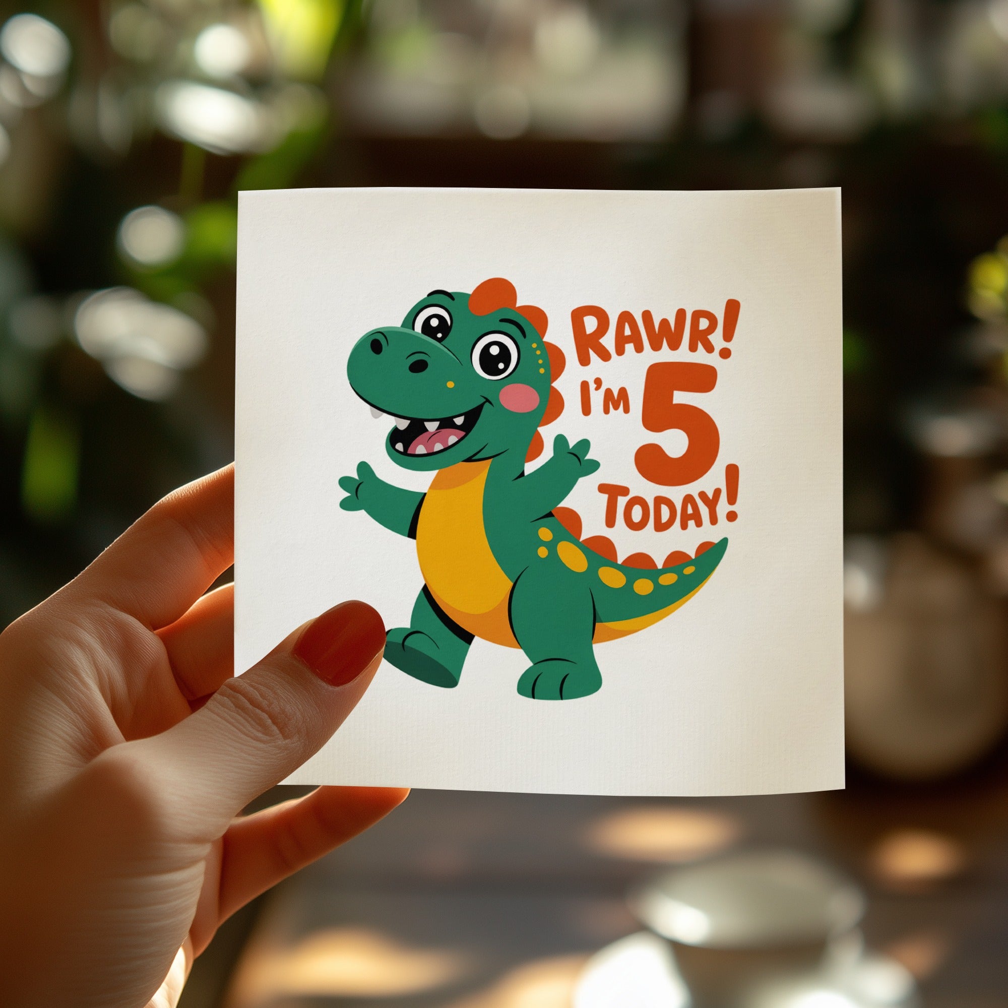 Cute cartoon dinosaur with "Rawr! I'm 5 today!" text, held by a hand.