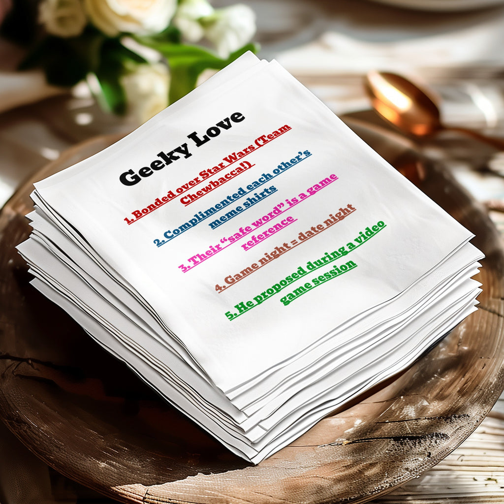 Geeky Love list: Star Wars, meme shirts, safe word, game night, proposal.