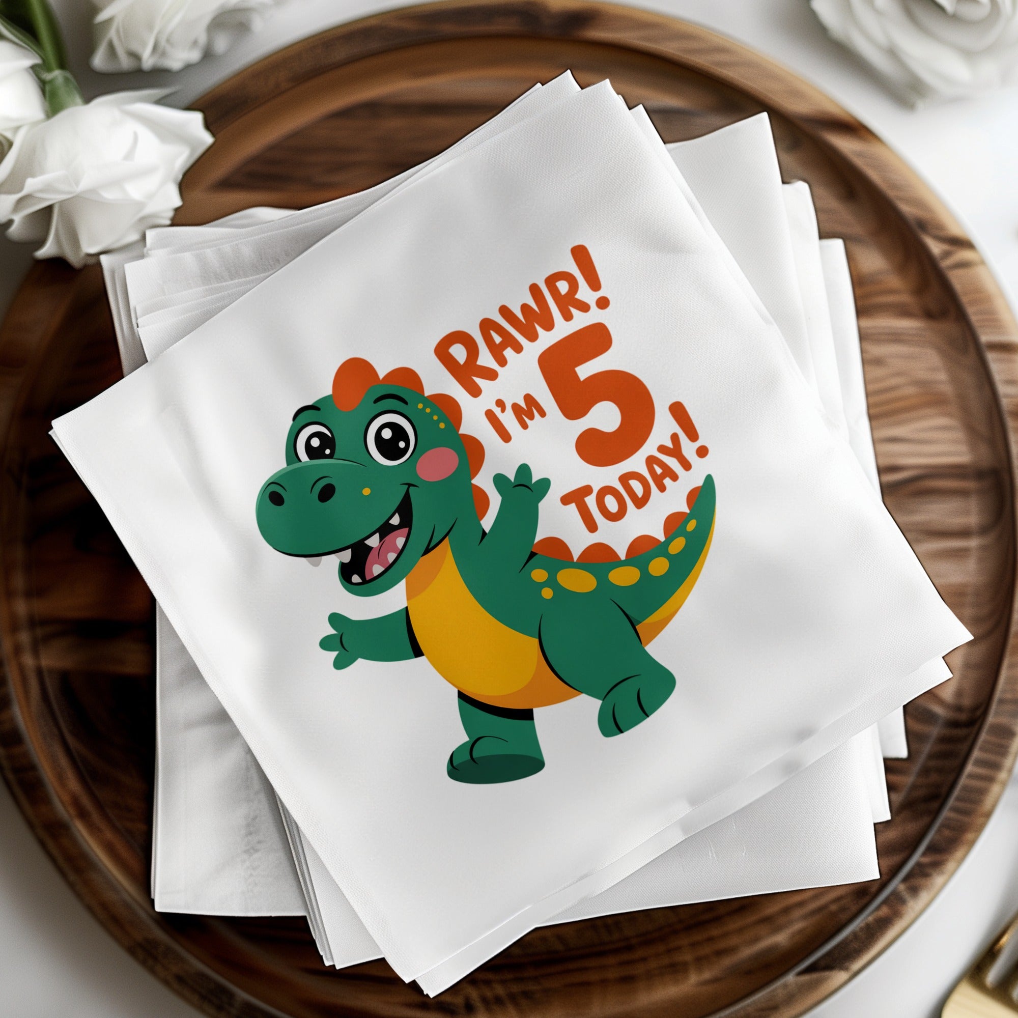 Green cartoon dinosaur with "Rawr! I'm 5 today!" text on white napkins.