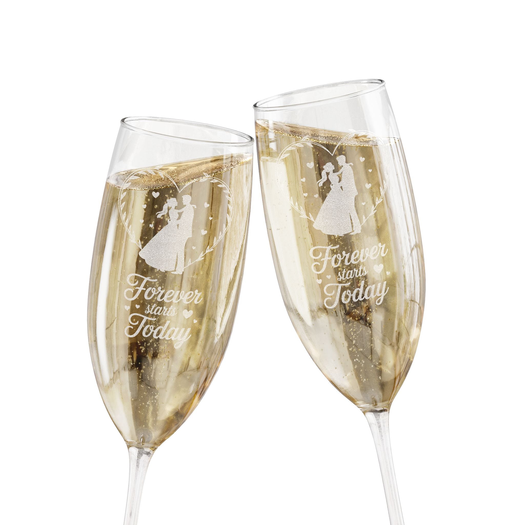 Two champagne flutes with etched "Forever Starts Today" text and couple silhouettes.