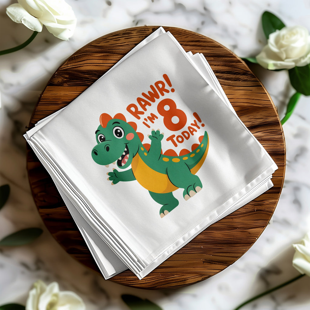 Green cartoon dinosaur with "RAWR! I'm 8 TODAY!" text on a white napkin.