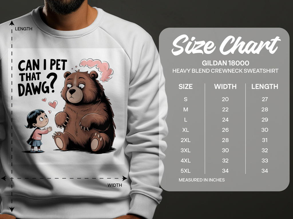 Bear and girl graphic on sweatshirt with size chart.