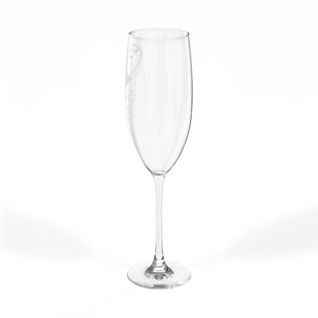 Clear champagne flute with etched floral design on the bowl.