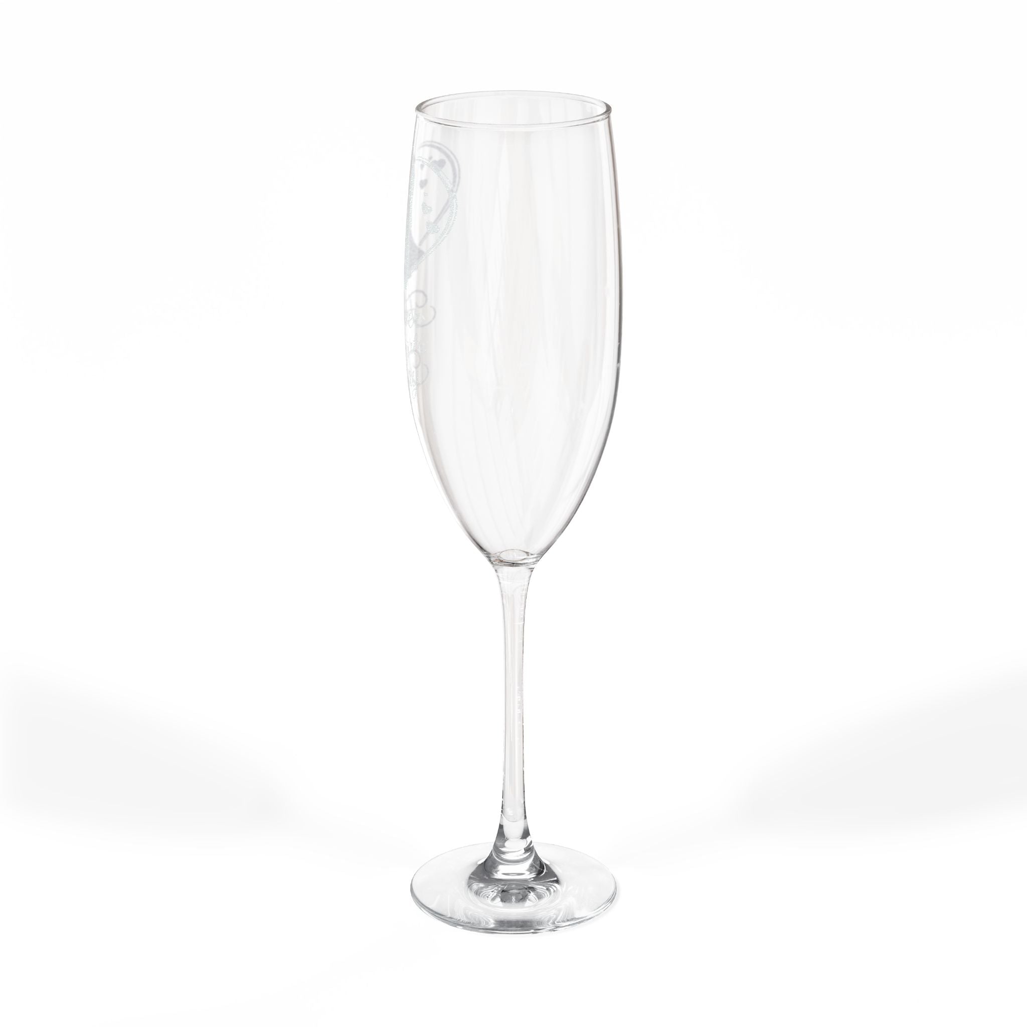 Clear champagne flute with etched floral design on the bowl.