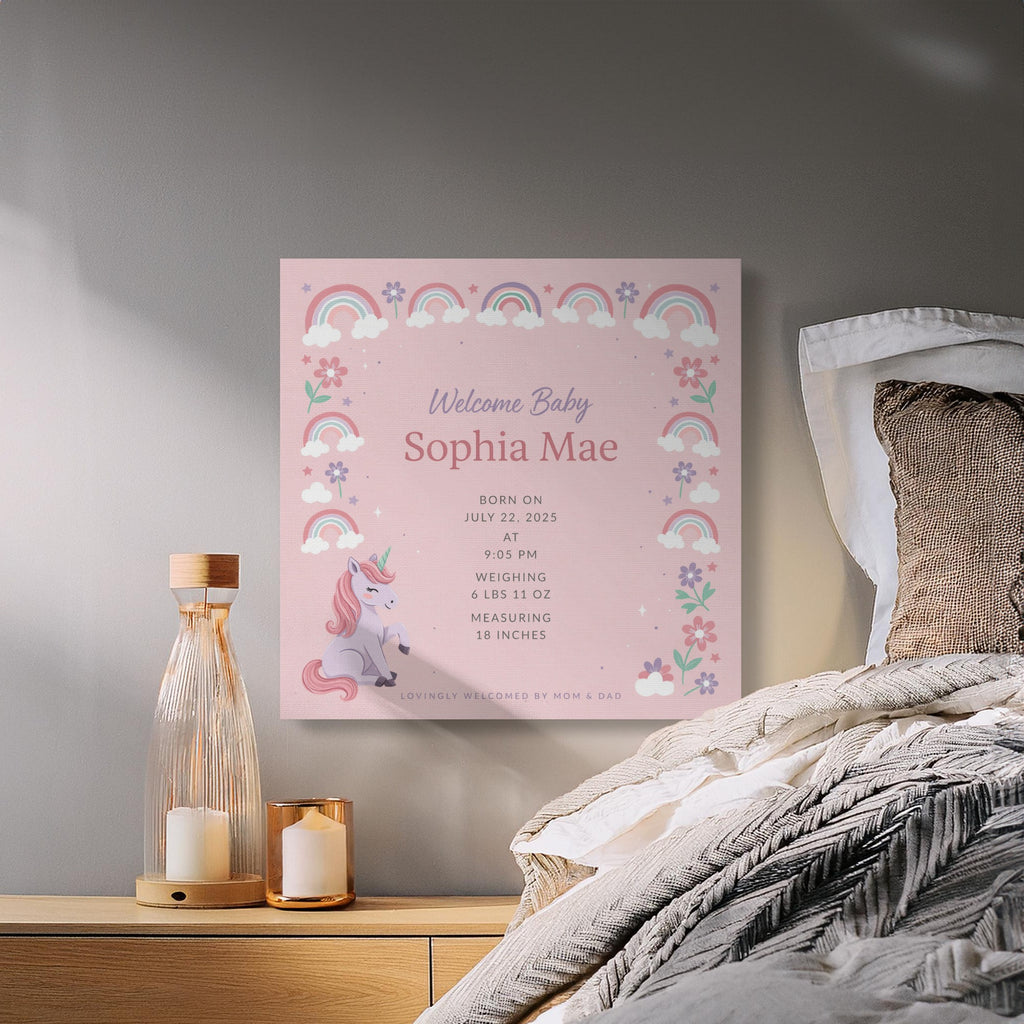 Personalized unicorn baby birth announcement with details for Sophia Mae born July 22, 2025.