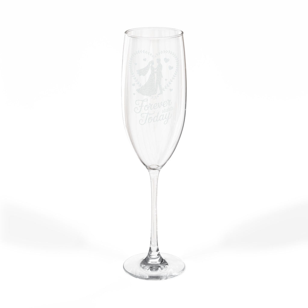 Champagne flute with "Forever and Today" text and wedding wreath design.