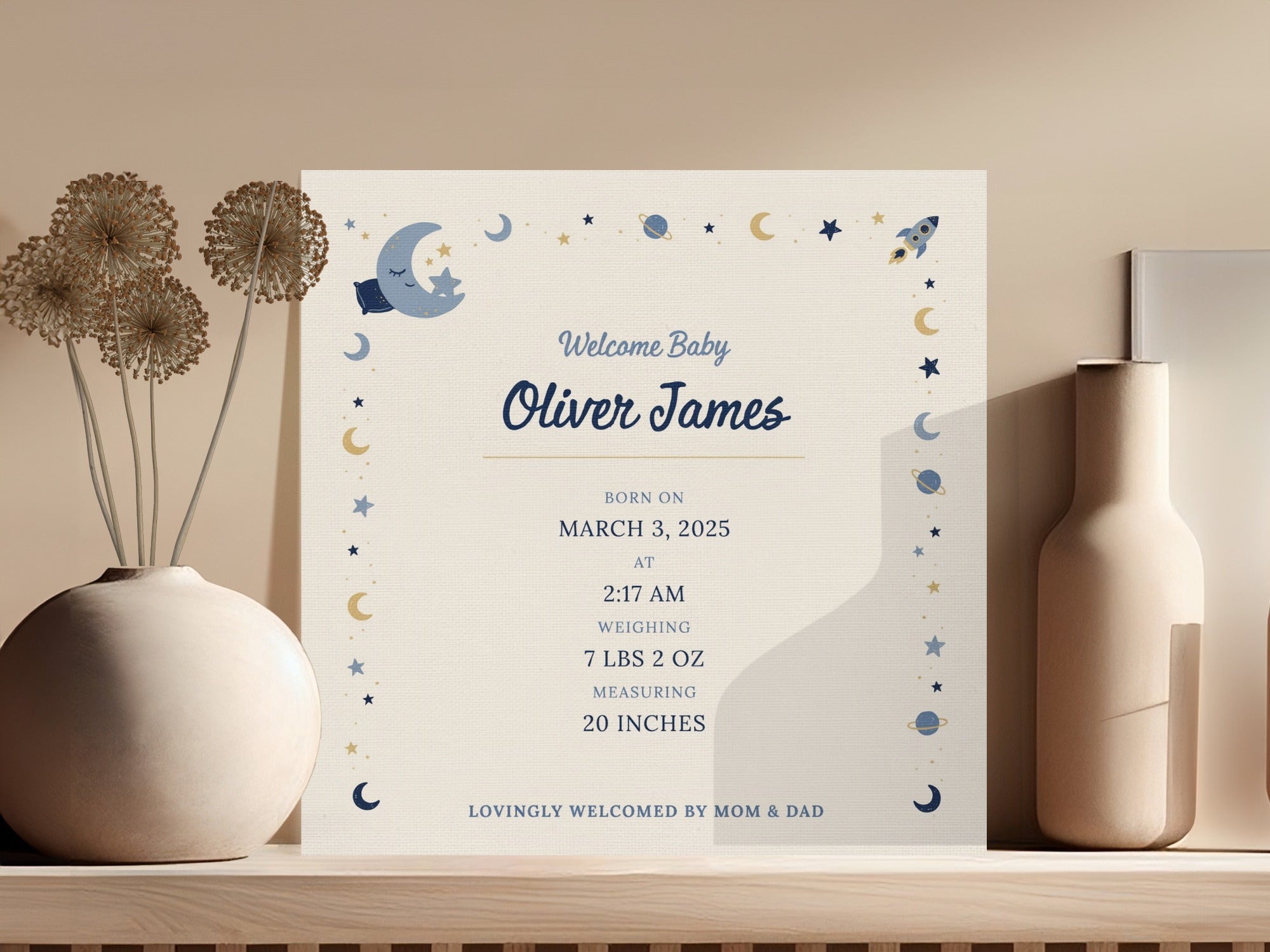 Baby announcement for Oliver James, born March 3, 2025, with space-themed decorations.