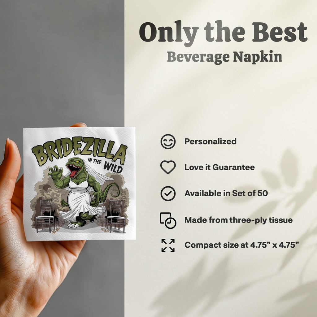 Beverage napkin featuring "Bridezilla in the Wild" with chairs and text details.