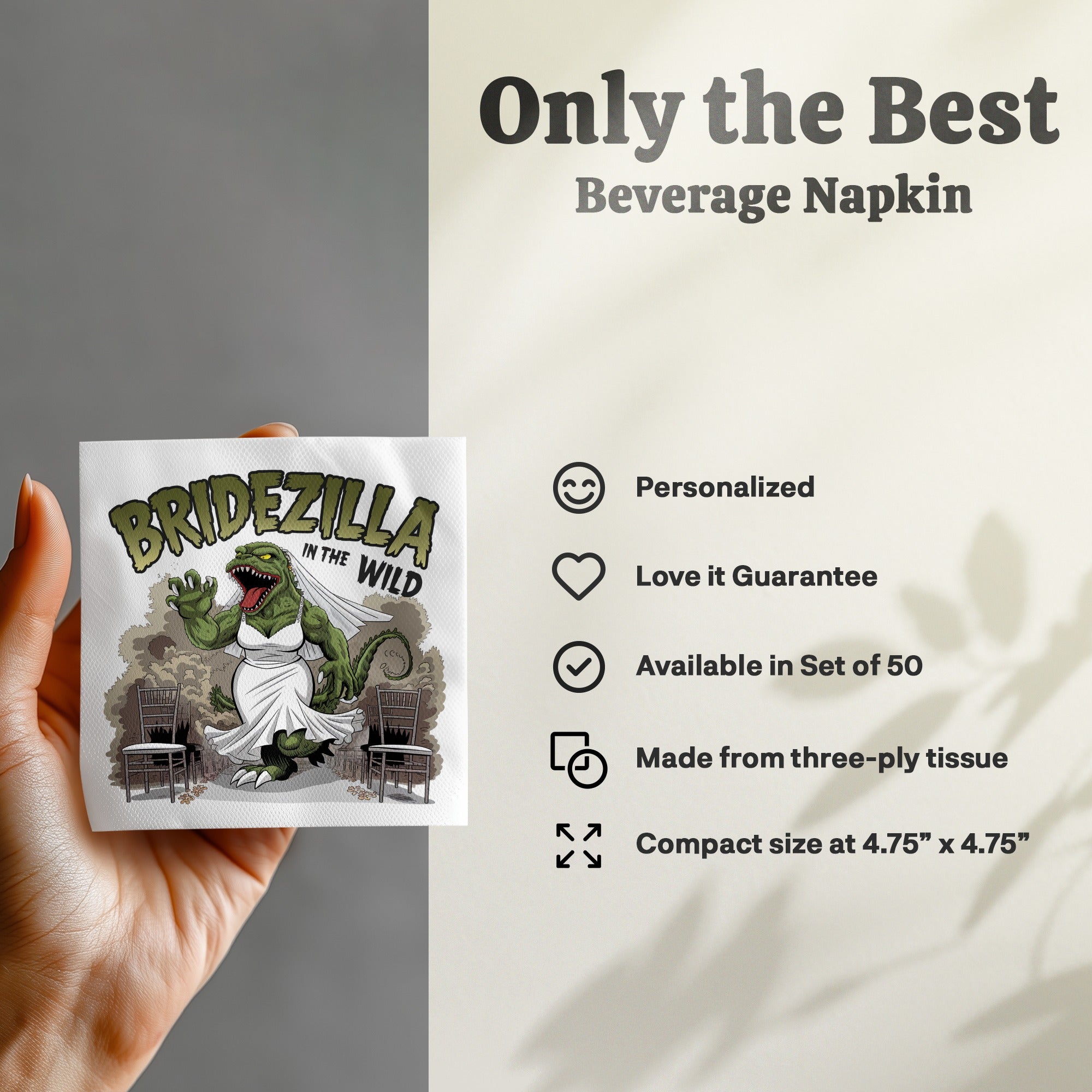 Beverage napkin featuring "Bridezilla in the Wild" with chairs and text details.