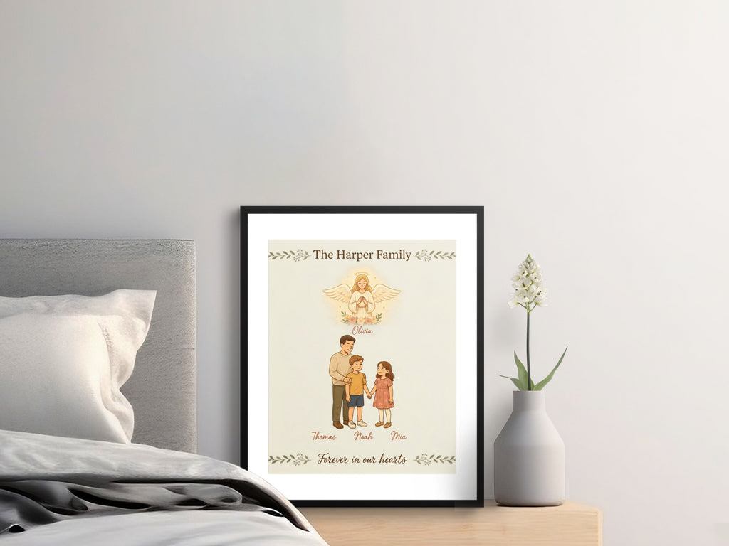 Custom family portrait with names featuring an angel above and "Forever in our hearts" text.