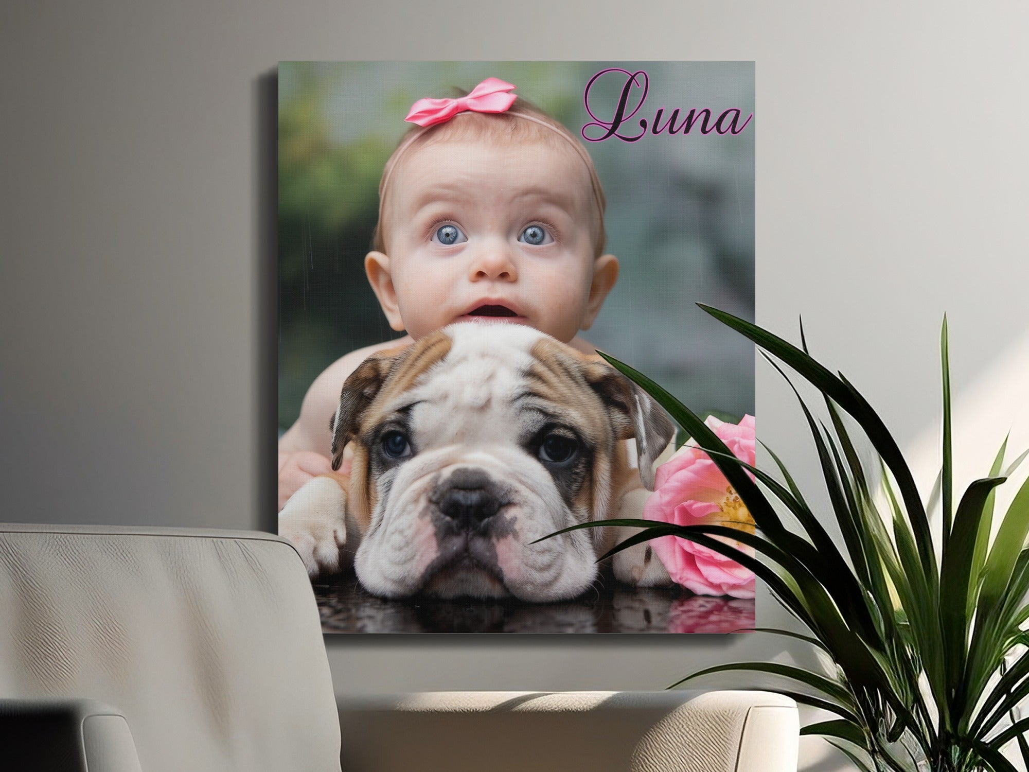 Baby with bulldog, pink bow, and "Luna" text.