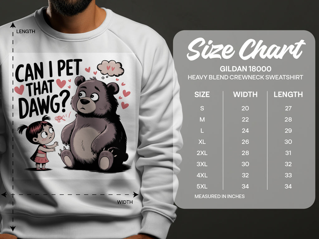 Gildan 18000 sweatshirt size chart with cartoon bear and girl.
