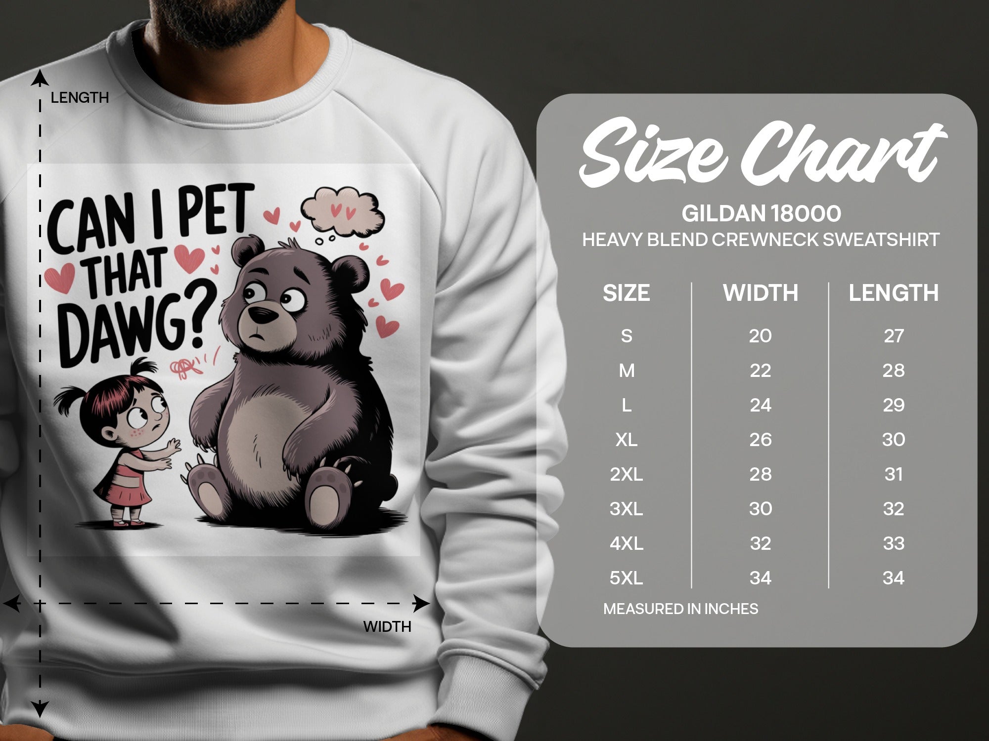 Gildan 18000 sweatshirt size chart with cartoon bear and girl.