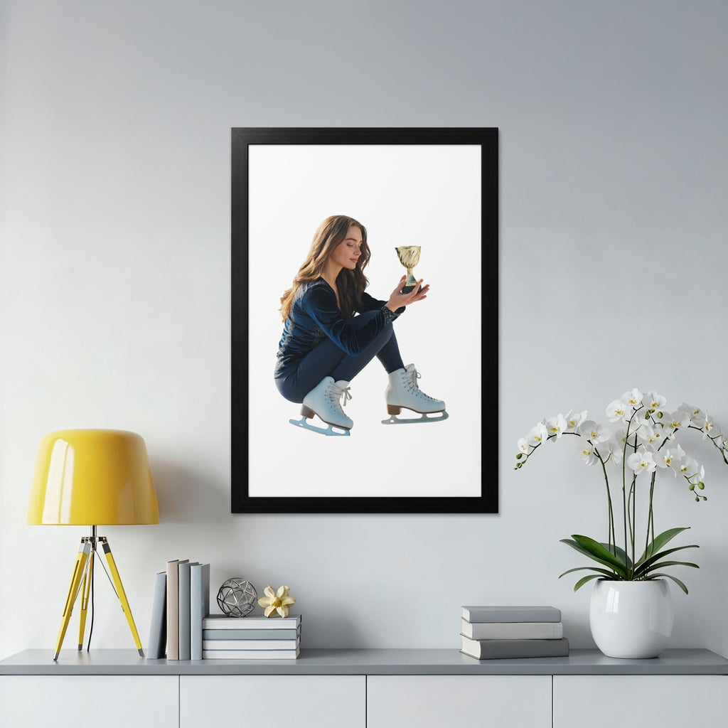 Young woman in ice skates holding a gold trophy.
