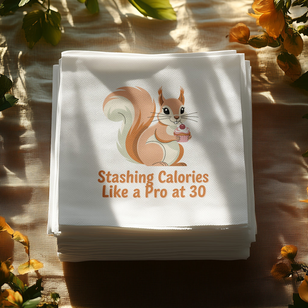 Stack of white napkins with a squirrel holding a cupcake and text.