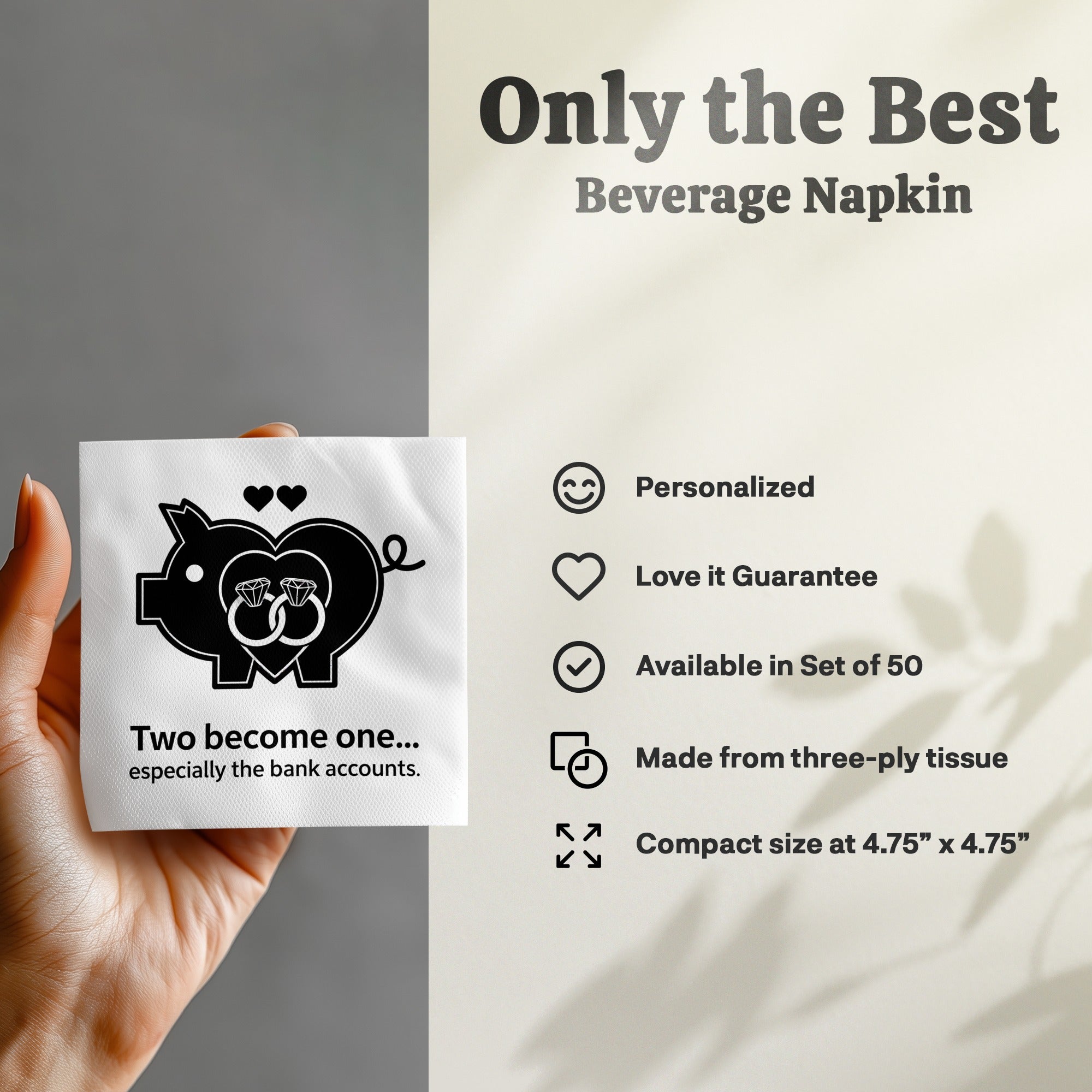 Wedding beverage napkin with humorous text and piggy bank design.