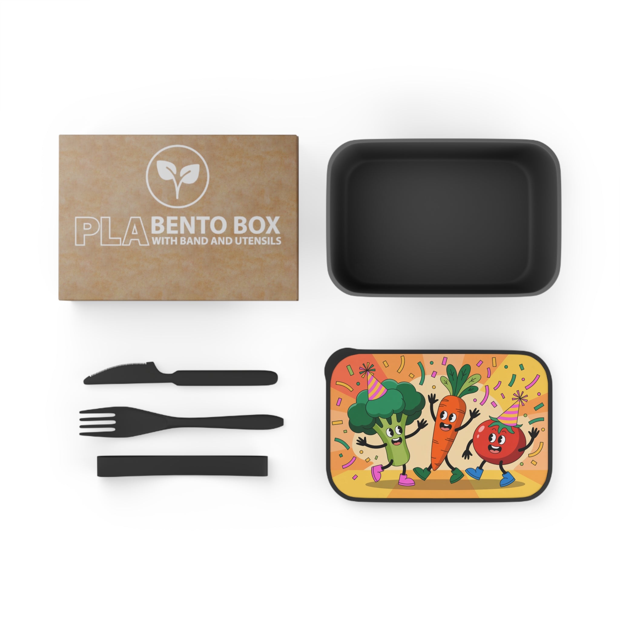 PLA Bento Box with utensils: cartoon carrot and tomato characters celebrate.
