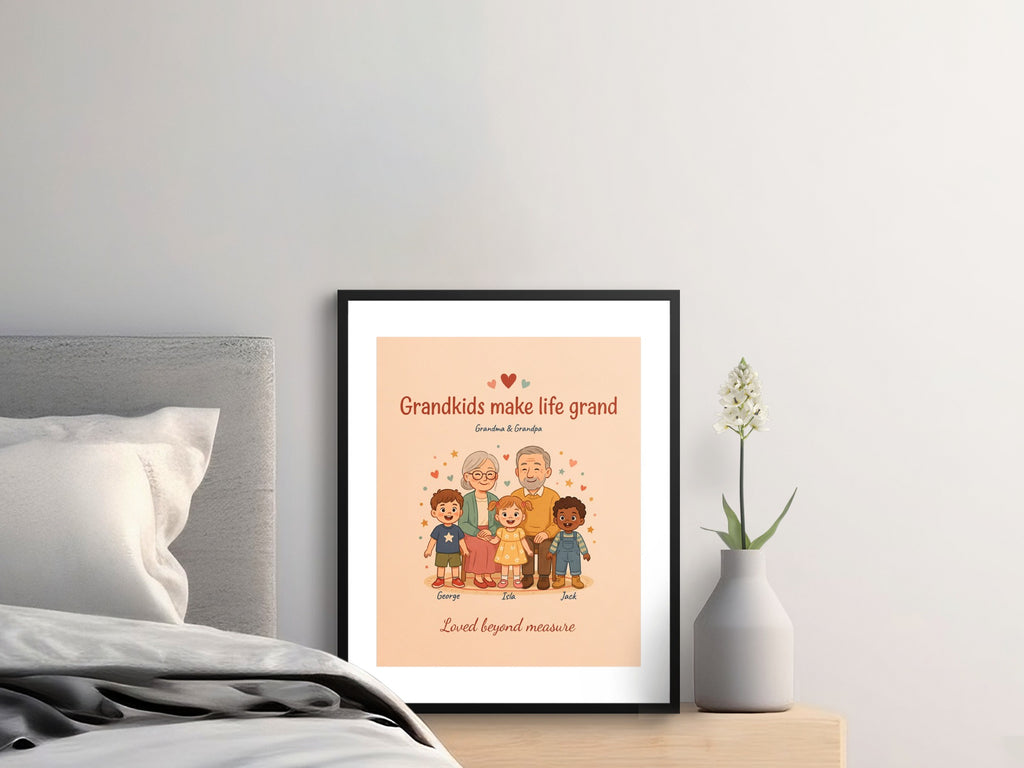 Framed artwork showing cartoon grandparents with three grandchildren and text.