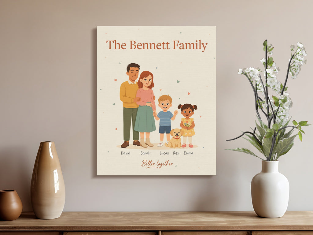 "The Bennett Family" canvas print features a cartoon illustration of two parents, two children, and a dog.