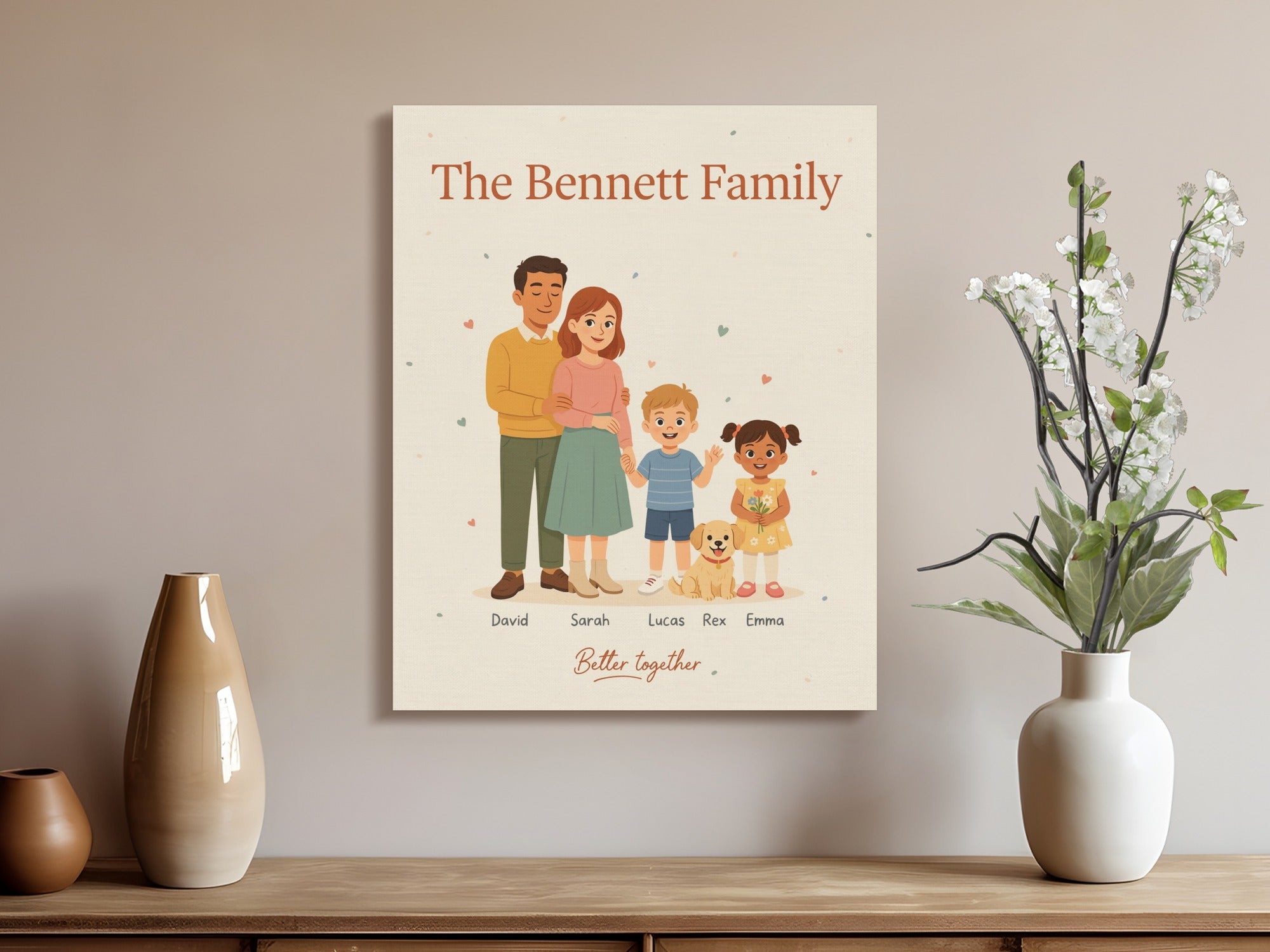 "The Bennett Family" canvas print features a cartoon illustration of two parents, two children, and a dog.