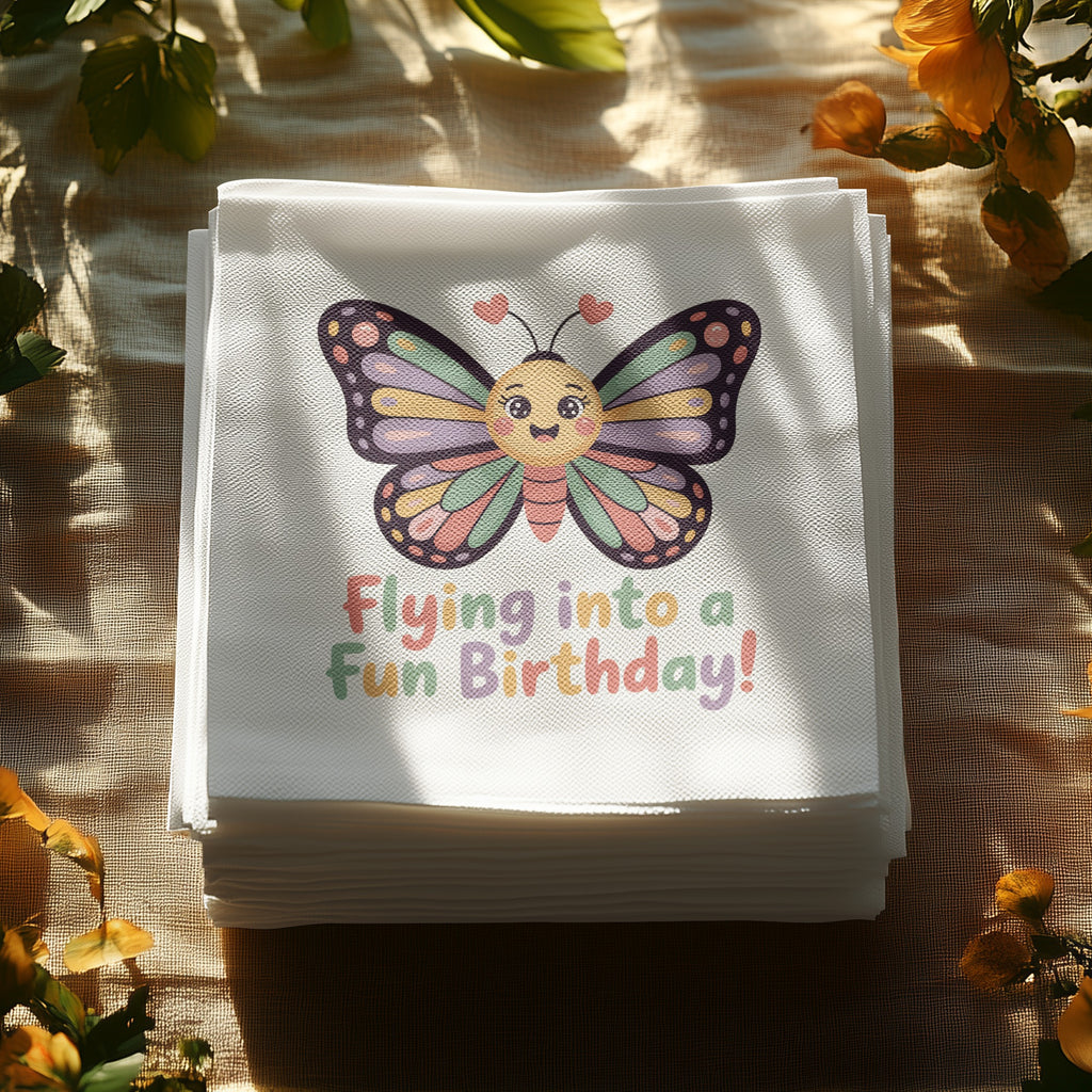 Stack of white napkins with a smiling butterfly and "Flying into a fun Birthday!" text.