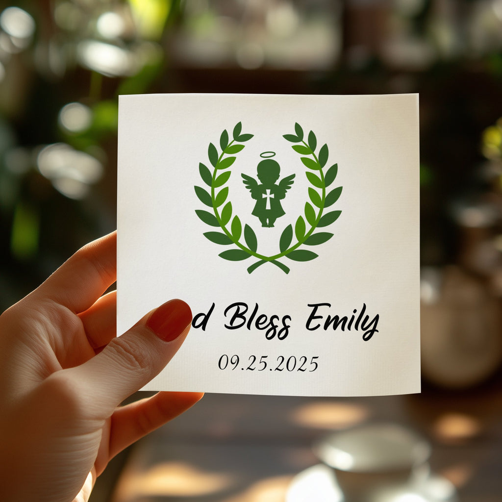 Card with "God Bless Emily 09.25.2025" and an angel in a wreath.
