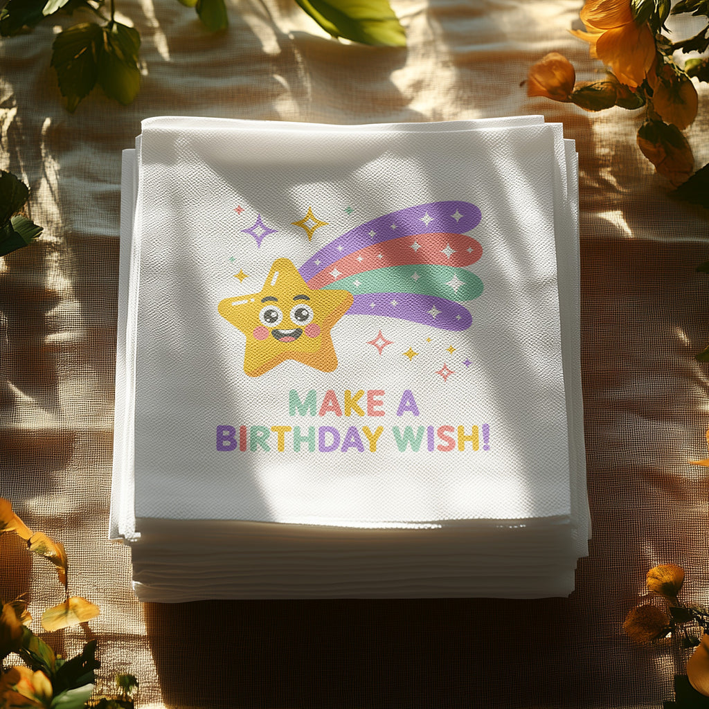 Stack of white napkins with a colorful cartoon star and text "MAKE A BIRTHDAY WISH!".