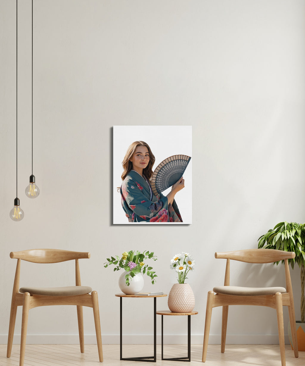 Woman in kimono holds an open black fan, indoor setting.