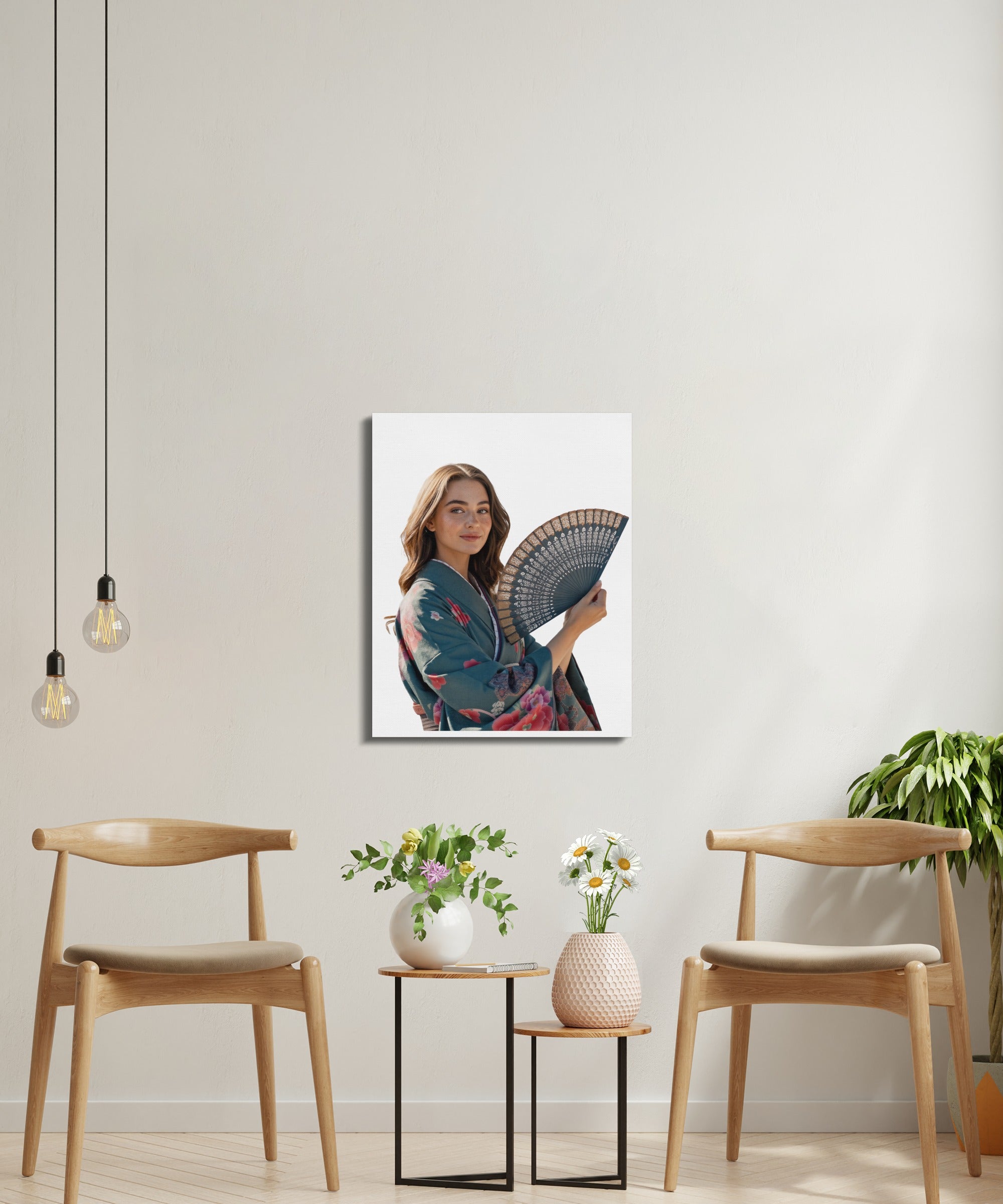 Woman in kimono holds an open black fan, indoor setting.