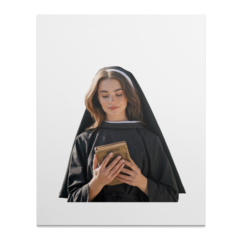 Young nun in black habit holding a book, eyes closed in prayer.