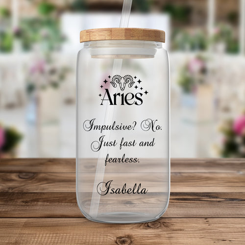 Aries zodiac glass with constellations, quote, and personalized name.