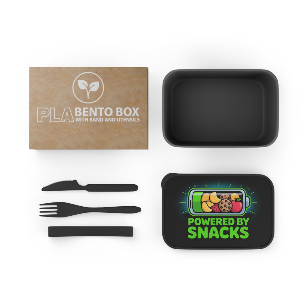 Black bento box with utensils and "Powered by Snacks" battery graphic.