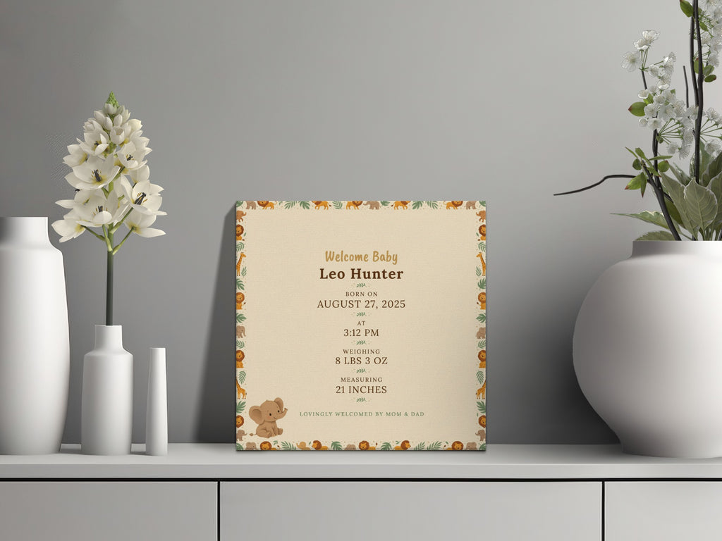 Baby's birth announcement for Leo Hunter, born August 27, 2025, with animal border.