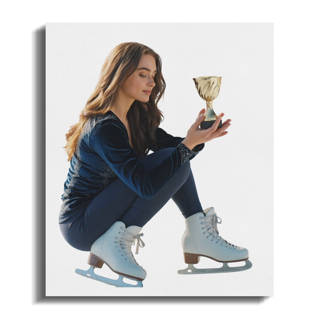 Young woman in figure skates holding a gold trophy.