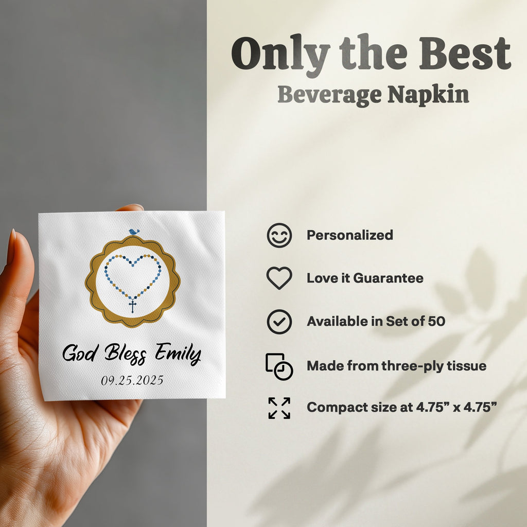 Beverage napkin with "God Bless Emily" and a date, displayed with product features.