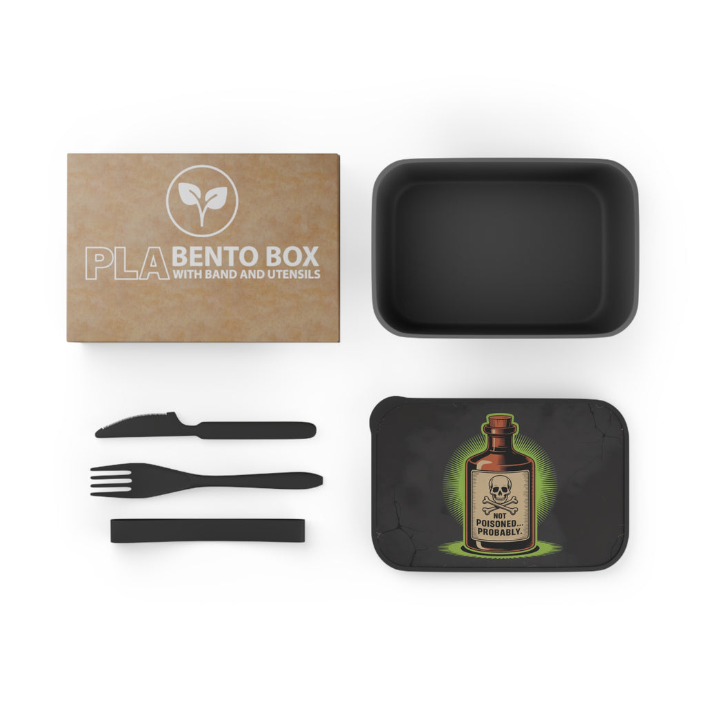PLA Bento Box with band and utensils featuring a skull and crossbones poison bottle graphic.