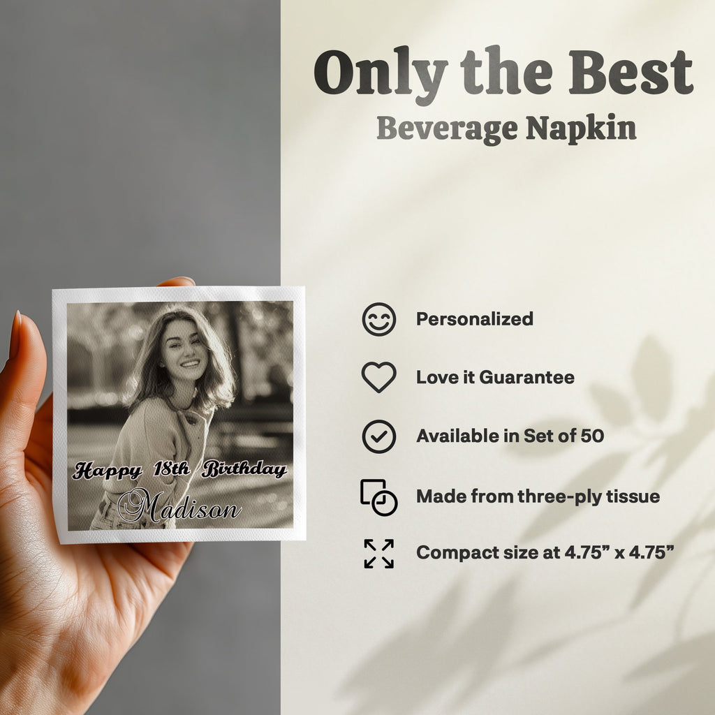 Beverage napkin with "Happy 18th Birthday Madison" photo, personalized, set of 50.