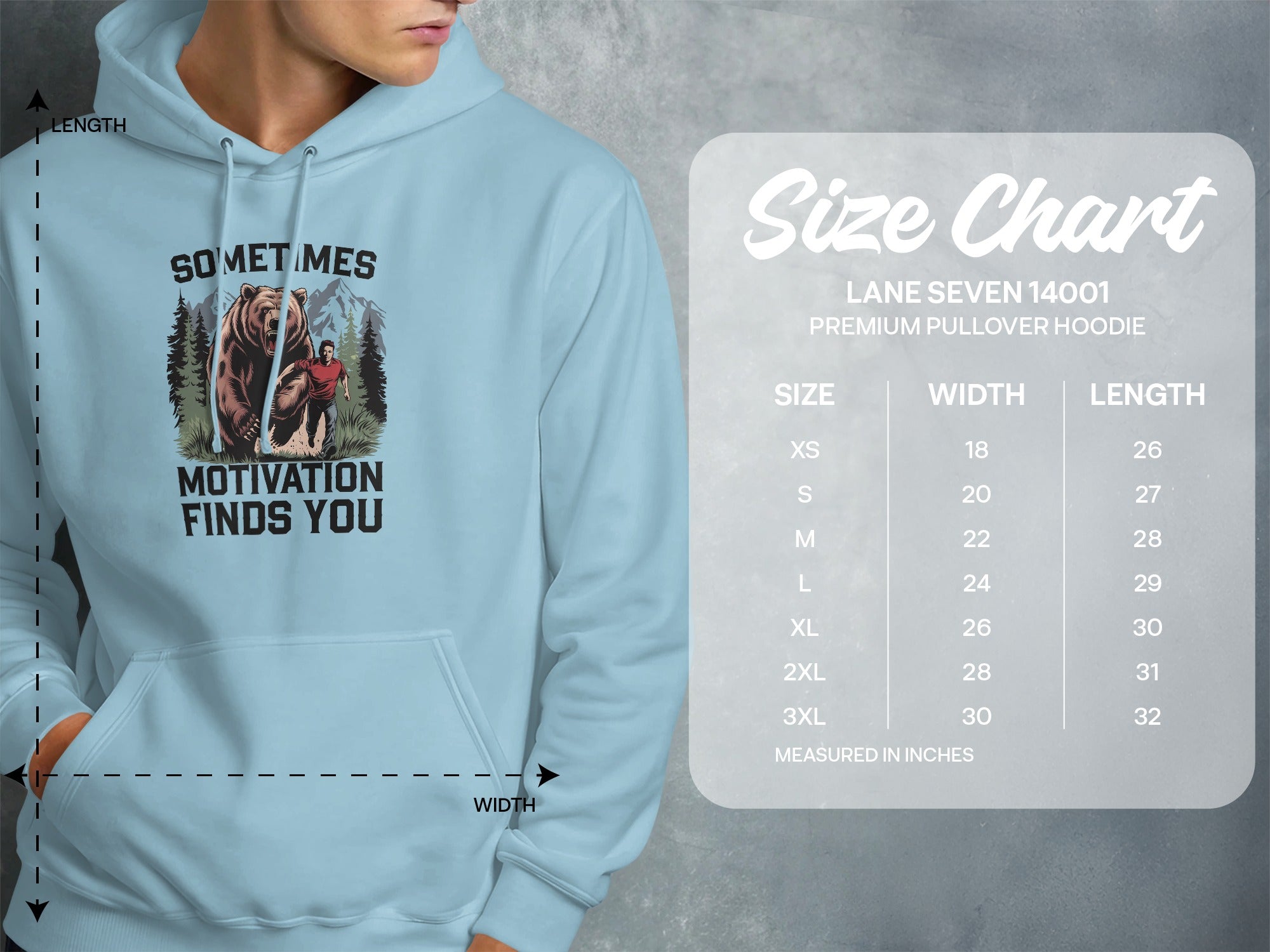 Light blue pullover hoodie with bear graphic and size chart.