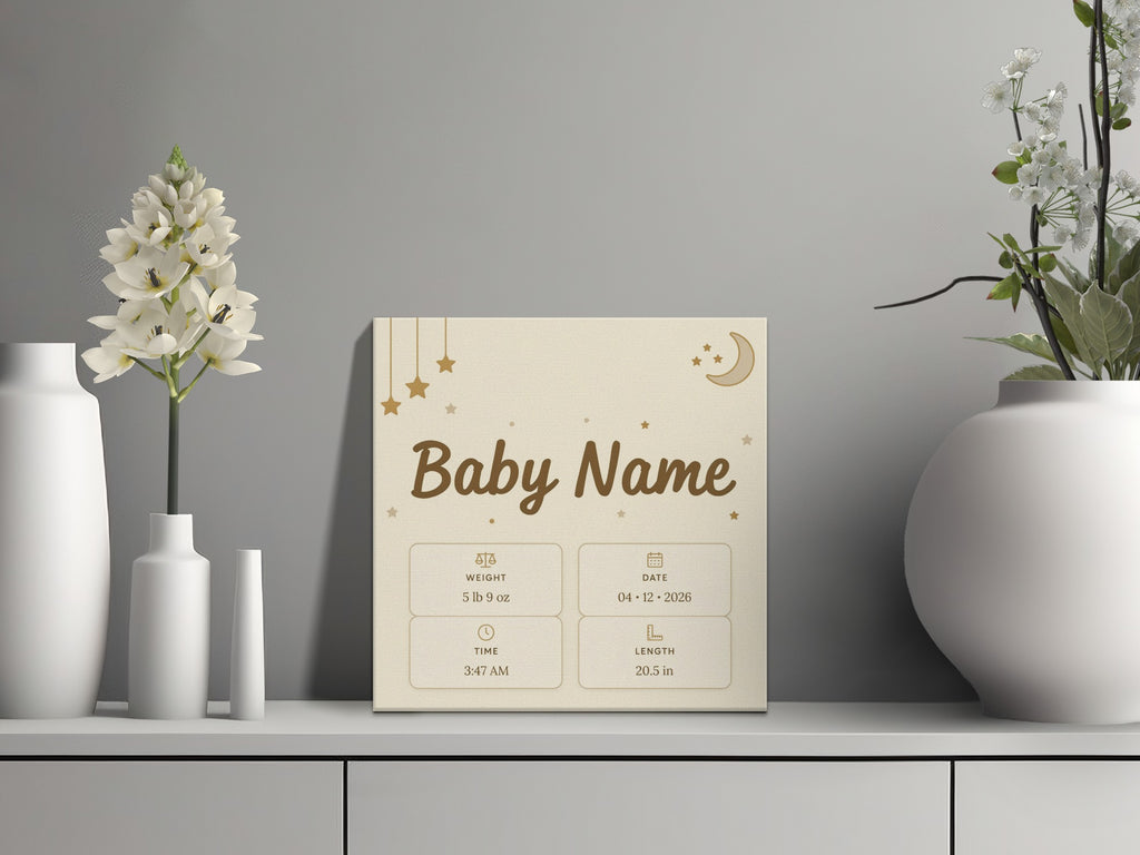 Baby Name sign displaying weight, time, date, and length with stars and moon decoration.