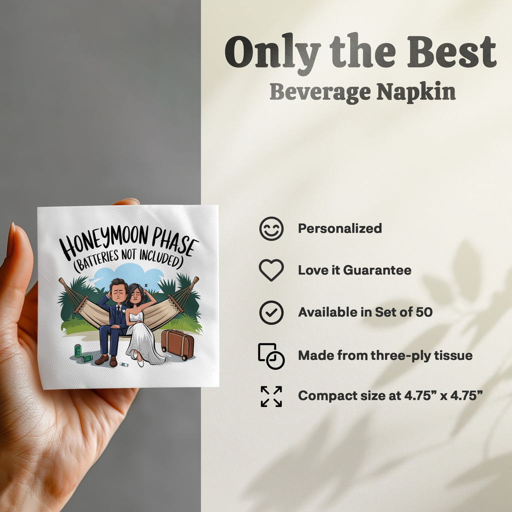 Honeymoon Phase beverage napkin with cartoon couple in hammock, product features listed.
