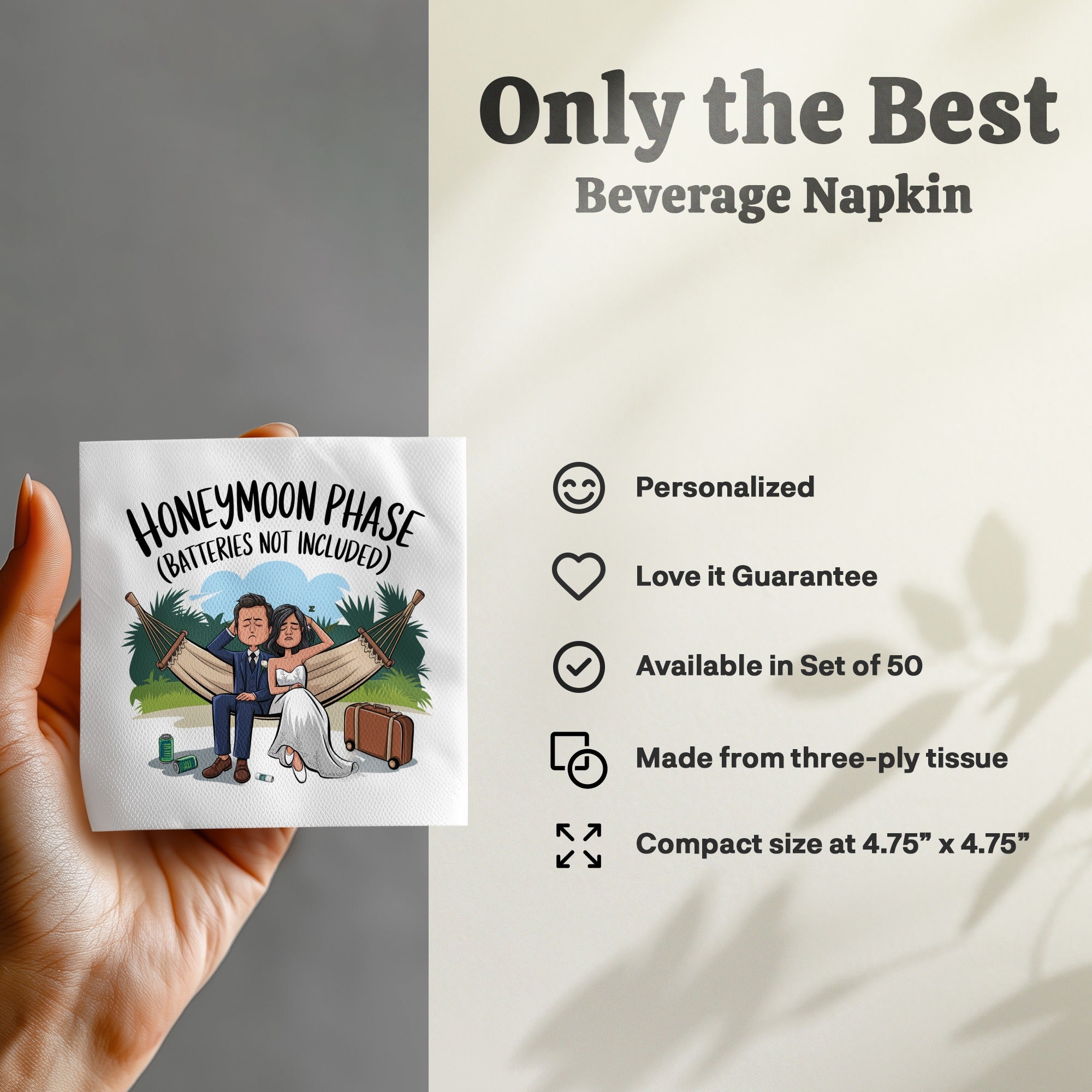 Honeymoon Phase beverage napkin with cartoon couple in hammock, product features listed.