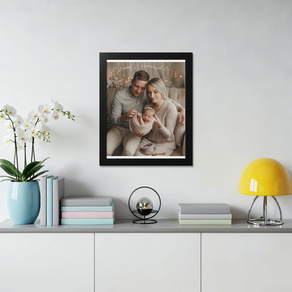 Framed photo of smiling parents holding a newborn baby.