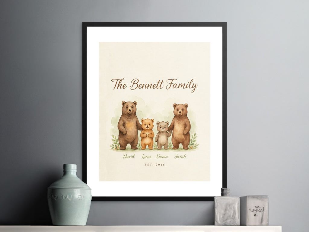 The Bennett Family watercolor print with four bears, names, and establishment date.