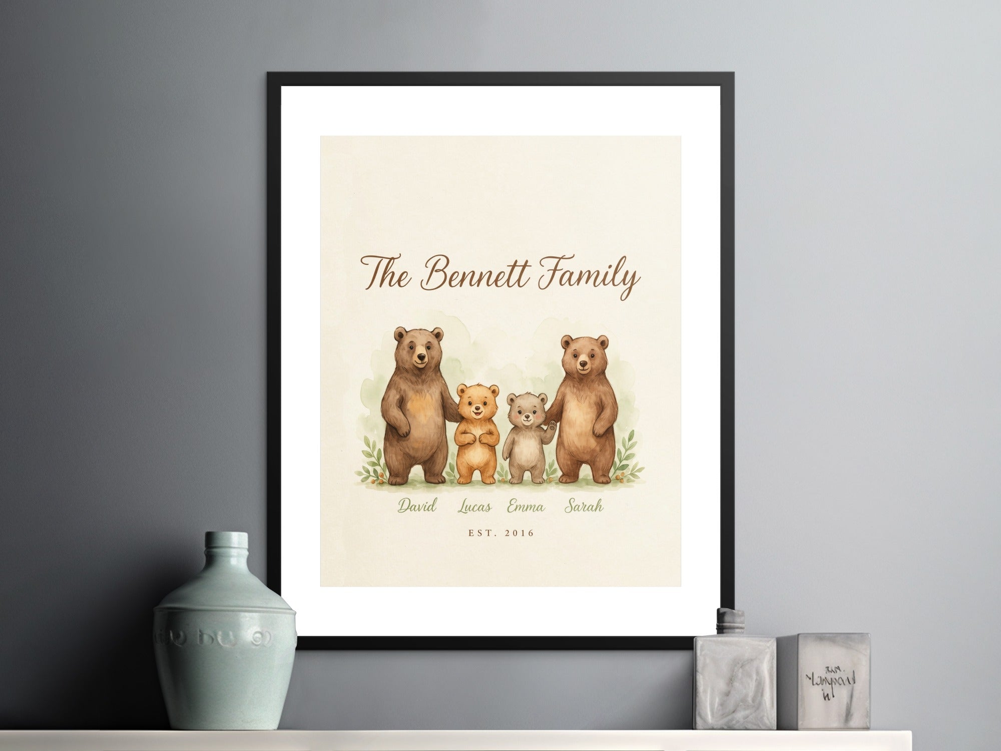 The Bennett Family watercolor print with four bears, names, and establishment date.